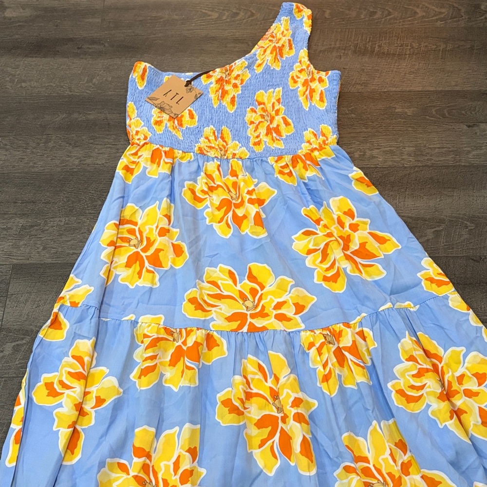 Able The Label Anthropologie One Shoulder Blue Flower Maxi Dress Size XL NWT - Picture 9 of 9
